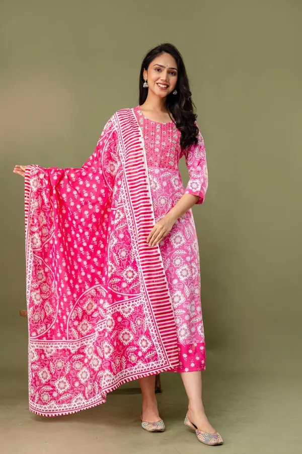 Premium Rayon & Cotton Kurti with Dupatta Set | KS951